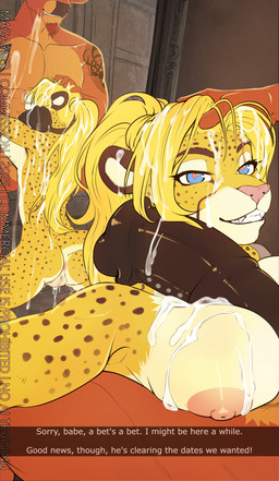 animal_genitalia animal_penis anthro anus arm_tattoo big_breasts big_penis blonde_hair blue_eyes bodily_fluids breast_rest breasts brown_ears brown_penis brown_spots butt caption cum cum_everywhere duo equine_genitalia equine_penis fangs female fur genital_fluids genitals hair heart_eyes heart_symbol hybrid_genitalia hybrid_penis infidelity long_hair male male/female markings messy mirror muscular nipples nude orange_body orange_fur penis penis_between_breasts pink_anus pink_nipples pink_vulva red_hair smile spots spotted_body spotted_fur tan_body tan_fur tattoo teeth text thick_penis vulva white_body white_fur yellow_body yellow_fur magayser andrew_macgowan sydea cheetah deer felid feline mammal absurd_res english_text hi_res