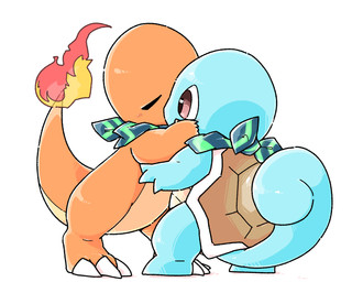 3_fingers 5_fingers ambiguous_gender blue_body clothing duo feral fingers fire flaming_tail green_scarf harmony_scarf kissing light_blush orange_body pattern_clothing pattern_scarf pupils red_pupils scarf simple_background tail white_background chaba nintendo pokemon pokemon_mystery_dungeon spike_chunsoft charmander generation_1_pokemon pokemon_(species) squirtle 5:4 hi_res