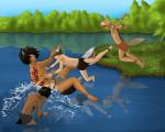 anthro bottomwear clothing detailed_background group lake loincloth male nature outside playing splash tackle tattoo tribal water young fcsimba fao lowe tate animal_humanoid canid canid_humanoid canine canine_humanoid canis humanoid mammal mammal_humanoid wolf wolf_humanoid 2013 5:4