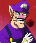 black_eyebrows black_eyes black_facial_hair black_mustache blue_clothing blue_overalls brown_hair clothed clothed_humanoid clothed_male clothing crossed_arms eyebrows facial_hair flower flower_in_mouth fully_clothed fully_clothed_humanoid fully_clothed_male furrowed_brow furrowed_eyebrows gloves hair half-closed_eyes handwear hat headgear headwear humanoid_pointy_ears male male_humanoid mustache narrowed_eyes not_furry overalls pink_nose plant pointy_ears pointy_nose pupils purple_clothing purple_hat purple_headwear purple_shirt purple_topwear red_background red_flower rose_(flower) rose_in_mouth shirt short_hair simple_background solo sparkles tan_body tan_skin text toothy_grin topwear white_clothing white_gloves white_handwear white_pupils cageyshick05_(artist) mario_bros nintendo waluigi humanoid 2019 artist_name colored dated digital_drawing_(artwork) digital_media_(artwork) english_description hi_res shaded