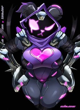 :< angry annoyed anthro armor big_breasts biped breasts broken_heart_print clothing cybernetics dark_armor dark_body eye_scar facial_scar female furgonomic_headwear furgonomics gauntlets glistening glistening_body gloves glowing handwear heart_symbol hood looking_at_viewer machine pink_eyes pink_mouth scar screen screen_face shoulder_armor solo text thick_thighs ishiexe epic_games fortnite raven_team_leader bear cyborg mammal english_text hi_res signature