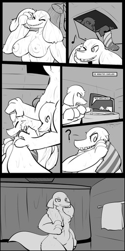 air_vent anthro areola breasts clothing duo female floppy_ears fluffy fluffy_tail footwear genitals grin knife legwear long_ears nipples nude question_mark sharp_teeth shower smile socks sponge tail teeth vulva wet lagotrope polo rokoa alien canid canine mammal neumono 1:2 absurd_res comic greyscale hi_res monochrome