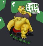 anthro big_breasts big_butt bodily_fluids bottomless breasts buckteeth butt chair claws clothed clothing computers crossed_legs dialogue eyewear feet female furniture glasses huge_breasts imminent_facesitting lidded_eyes monitors obese overweight solo speech_bubble sweat sweatdrop tail teeth text thick_tail thick_thighs toes kentuckiyucki deltarune undertale undertale_(series) alphys monster english_text hi_res