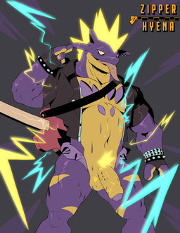 anthro armband balls biceps biped bottomless bracelet clothed clothing devil_horns_(gesture) electric_guitar electricity electrogenesis foreskin genitals gesture glans guitar hand_gesture humanoid_genitalia humanoid_penis jewelry male mohawk muscular muscular_anthro muscular_male musical_instrument navel open_mouth partially_retracted_foreskin pecs penis piercing plucked_string_instrument pubes purple_body rock_out_with_your_cock_out solo spiked_armband spiked_bracelet spikes string_instrument tongue tongue_out tongue_piercing topwear vein veiny_penis vest yellow_body zipperhyena nintendo pokemon amped_toxtricity generation_8_pokemon pokemon_(species) toxtricity 2022 absurd_res alternate_version_at_source digital_media_(artwork) hi_res portrait three-quarter_portrait