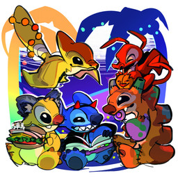 3_toes 4_toes ambiguous_gender antennae_(anatomy) black_eyes blue_body blue_fur book buckteeth candy clothing costume dessert dipstick_antennae eating eyes_closed fake_devil_horns fake_horns feet feral flying food fur grin group halloween_costume happy holding_food holding_object holding_sandwich holidays jack-o'-lantern lollipop lollipop_in_mouth multicolored_antennae open_mouth open_smile orange_body red_body sandwich_(food) semi-anthro sitting sitting_on_another smile spade_tail tail teeth toes yellow_body pixiv_id_108703182 disney halloween lilo_and_stitch melty_(lilo_and_stitch) reuben_(lilo_and_stitch) slugger_(lilo_and_stitch) stitch_(lilo_and_stitch) yang_(lilo_and_stitch) alien experiment_(lilo_and_stitch) 1:1 2025 digital_drawing_(artwork) digital_media_(artwork) hi_res male_(lore)