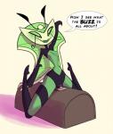 anthro blush english_text fangs female genitals green_eyes hi_res machine my_life_as_a_teenage_robot nickelodeon pussy robot sex_toy solo teeth text vaginal vexus vibrator whatsalewd wide_hips