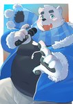 anthro belly big_belly black_nose blush bottomwear clothing electronics kemono male microphone overweight overweight_male pants scarf simple_background solo sweater topwear zimasanda utau shirane_kan bear mammal polar_bear ursine 2023 hi_res