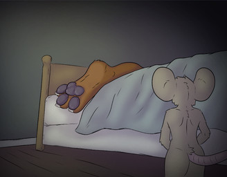 3_toes anthro bed bed_covers bed_sheet bedding bedroom big_ears brown_body butt claws duo extreme_size_difference feet foot_fetish foot_focus fur furniture grey_body hindpaw looking_away male male/male micro night nude pawpads paws rear_view size_difference soles tail toe_claws toes kiwifizz disney zootopia nick_wilde canid canine fox house_mouse mammal mouse murid murine rodent true_fox hi_res