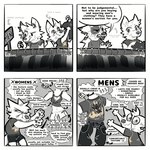 4_panel_comic ambiguous_gender angry anthro biped black_clothing black_eyes black_shirt black_topwear clothing duo fur information_board looking_at_viewer shirt text topwear white_body white_fur eurruki_(artist) canid canine canis mammal wolf 1:1 2024 english_text