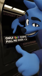 anthro bedroom_eyes blue_body blue_fur blush blush_lines bottomless bumper_sticker car clothed clothing decal digitigrade femboy footwear fur gesture grin gun hand_gesture hand_on_hip hip_sway instagram_logo legwear license license_plate looking_at_viewer male music narrowed_eyes naughty_face outside pink_body pointing police police_car police_hat police_uniform police_vehicle ranged_weapon seductive shirt smile socks sound_effects stockings strutting text thick_thighs thigh_highs thigh_socks thumbs_up topwear uniform vehicle vest walking weapon white_body white_fur wide_hips junoandmaxx sound_warning boy_kisser_(meme) instagram maxx_(junoandmaxx) silly_cat_(mauzymice) canid canine canis domestic_cat felid feline felis mammal wolf 3d_(artwork) 3d_animation 9:16 animated digital_media_(artwork) english_text hi_res meme short_playtime sound webm