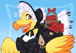 ambiguous_gender clothing dotted_background flower halftone_background maid_uniform pattern_background plant simple_background solo stippling uniform crownedvictory final_fantasy square_enix avian chocobo 2021 halftone hi_res