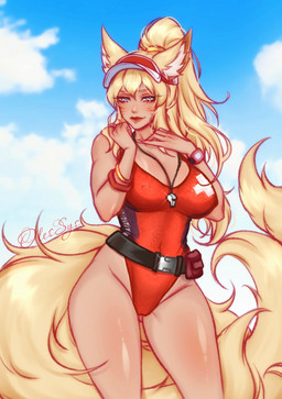 belt big_breasts blonde_hair blue_eyes bracelet breasts clothing eyebrows eyelashes facial_markings female fluffy fluffy_tail glistening glistening_body glistening_skin glistening_thighs hair hat head_markings headgear headwear inner_ear_fluff jewelry lifeguard lifeguard_swimsuit long_eyelashes markings nipple_outline one-piece_swimsuit red_clothing red_swimwear solo swimwear tail tuft visor_cap whistle_(object) olessyss league_of_legends riot_games tencent ahri_(lol) animal_humanoid canid canid_humanoid canine canine_humanoid fox_humanoid humanoid mammal mammal_humanoid 2025 hi_res