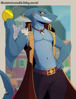 anthro athletic belt blue_body bottomwear clothed clothing coin fin furgonomics gills jewelry looking_at_viewer male multicolored_body necklace pants pecs piercing sharp_teeth smile solo tail teeth topwear cosmic_noodle dungeons_of_aether rivals_of_aether slade_(dungeons_of_aether) aquatic fish shark digital_media_(artwork) hi_res portrait shaded three-quarter_portrait