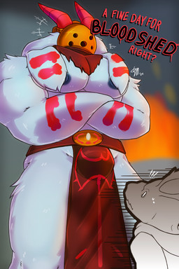 ambiguous_gender anthro armor belt belt_buckle big_muscles big_pecs blurred_background bottomwear buckle bulge clothed clothing crossed_arms dialogue duo fire fur fur_markings grey_body grey_fur headgear helmet horn horned_helmet huge_muscles larger_male loincloth male male_anthro markings mask mostly_nude muscular muscular_male pecs size_difference smaller_ambiguous surprised surprised_face text topless topless_anthro topless_male torch torn_clothing wearing_helmet wearing_mask starmoral atlyss enok_(atlyss) kubold_(atlyss) oathkin_(atlyss) 2:3 english_text hi_res