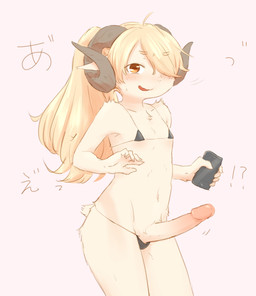 balls_in_underwear bikini bikini_bottom bikini_top blonde_hair blush bodily_fluids brown_eyes cellphone clothed clothing crossdressing electronics erection femboy fur genitals hair hair_over_eye horn interrobang looking_at_viewer male micro_bikini one_eye_obstructed open_mouth penis penis_poking_out phone pink_background simple_background skimpy solo sweat swimwear two-piece_swimsuit yellow_body yellow_fur nakamura animal_humanoid bovid caprine humanoid mammal 2017 absurd_res hi_res