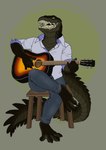 absurd_res anthro clothed clothing crocodile crocodilian crocodylid digital_media_(artwork) green_body guitar hi_res looking_at_viewer male musical_instrument open_mouth playing_guitar playing_music plucked_string_instrument reptile rinkamo scales scalie simple_background smile solo string_instrument tail teeth