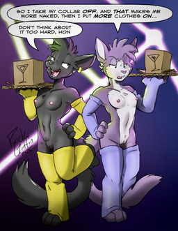 3_toes 4_fingers anthro arm_warmers armwear black_body black_fur box breasts cardboard cardboard_box casual_exposure chest_tuft clothing container dialogue duo ear_piercing ear_ring eyebrows feet female fingers fur genitals half-closed_eyes hand_on_hip leg_warmers legwear mostly_nude multicolored_body multicolored_fur narrowed_eyes nipples on_one_leg open_mouth piercing public public_exposure ring_piercing small_breasts standing teeth text toes tongue tuft two_tone_body two_tone_fur vulva waiter working crazy_simone rick_griffin third-party_edit housepets! grape_jelly_(housepets!) sabrina_(housepets!) domestic_cat felid feline felis mammal 2025 absurd_res english_text hi_res monochrome signature