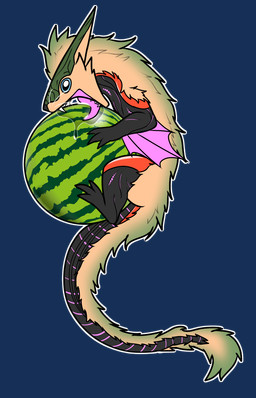 blue_eyes chibi feral fluffy food fruit fur horn male melon nude open_mouth plant silly solo tail teeth tongue tongue_out tuft watermelon wings yellow_body yellow_fur superplus ark_survival_(series) mythology kustrin dragon managarmr mythological_creature mythological_scalie reptile scalie alpha_channel digital_media_(artwork) hi_res meme