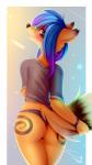 anthro black_nose blue_hair clothed clothing ear_piercing ear_ring female fur hair orange_body orange_fur piercing red_eyes ring_piercing smile solo standing omiart gumi_(omiart) canid canine fox mammal 2019 digital_media_(artwork) hi_res