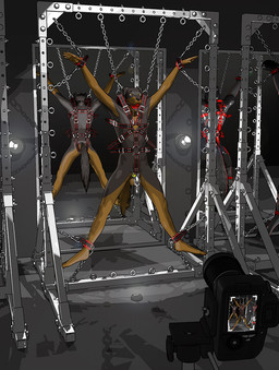 anthro ball_gag bdsm bodily_fluids bondage bound brown_eyes camera chain chastity_cage chastity_device cuff_(restraint) dripping gag genital_fluids harness lock male mirror nude padlock precum precum_drip restraints shackles solo spread_eagle video_camera krayne canid canine canis domestic_dog mammal mastiff molosser rottweiler digital_media_(artwork)