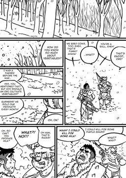 armor dialogue male male/male snow text husky92 european_mythology greek_mythology mythology bovid bovine humanoid mammal minotaur orc black_and_white comic english_text hi_res monochrome multiple_scenes