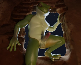 4_fingers anthro balls brown_eyes countershade_torso countershading erection fingers genitals glans green_body humanoid_genitalia humanoid_penis looking_at_viewer male nude one_eye_closed penis smile solo wink winking_at_viewer no-name-no-problem amphibian frog 3d_(artwork) 5:4 digital_media_(artwork) hi_res