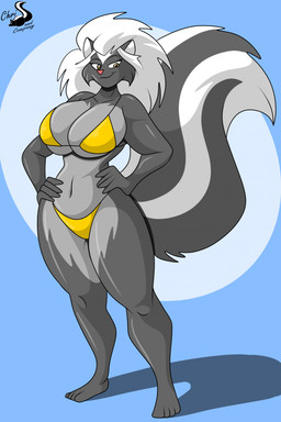 anthro bikini breasts clothing female hand_on_hip small_waist smile solo swimwear thick_thighs two-piece_swimsuit wide_hips chrisandcompany mammal mephitid skunk hi_res