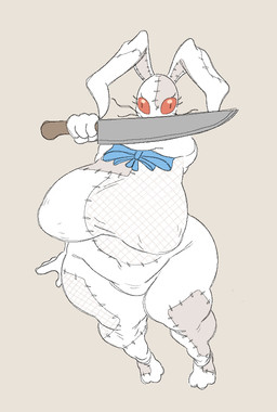 anthro areola_outline big_breasts blade blue_bow bow_ribbon breasts clothing costume curvy_figure cutlery eyelashes female female_anthro fingers front_view holding_knife holding_object huge_breasts kitchen_knife kitchen_utensils knife long_ears nipple_outline red_eyes seam_(sewing) simple_background solo stitch_(sewing) thick_thighs tools voluptuous voluptuous_anthro voluptuous_female whiskers wide_hips nsfwoaf five_nights_at_freddy's scottgames vanny_(fnaf) lagomorph leporid mammal rabbit 2026 digital_drawing_(artwork) digital_media_(artwork) full-length_portrait portrait