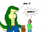 2013 abs anthro belt biceps bottomwear clothed clothing comic dinosaur duo extinct fangs hi_res human jonathan_alexander male mammal maxime-jeanne muscular pants pecs potion prehistoric_species reptile scalie simple_background tail teeth theropod thomas_carter topless torn_clothing transformation_potion tyrannosaurid tyrannosauroid tyrannosaurus tyrannosaurus_rex vein white_background