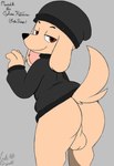 anthro balls butt clothed clothing fur genitals looking_at_viewer male nude presenting presenting_hindquarters raised_tail simple_background smile solo tail text fartsniffer69 maverick_the_golden_retriever bird_dog canid canine canis domestic_dog golden_retriever hunting_dog mammal retriever absurd_res digital_media_(artwork) hi_res