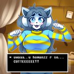 anthro breasts clothed clothing dialogue_box female hair looking_at_viewer open_mouth shirt solo standing text topwear white_body yumkandie undertale undertale_(series) temmie_(undertale) mammal tem 1:1 hi_res