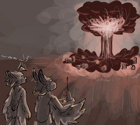 4_ears anthro cloud duo explosion feathered_wings feathers female holding_object male multi_ear mushroom_cloud nuclear_bomb plant text thinking thought_bubble tree winged_arms wings isi_avalibot isi_de_sa_(isi_avalibot) avali avian hi_res