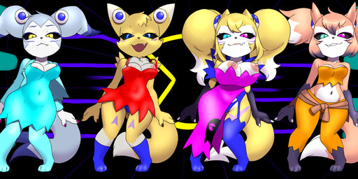 abstract_background anthro areola big_breasts blue_body blue_eyes blue_fur breasts clothing cosplay cute_fangs dancing dark_sclera dress fangs female footwear front_view fur garter_straps green_eyes group horn huge_breasts legwear looking_at_viewer nipples orange_body orange_fur panties purple_eyes shortstack socks stockings teeth underwear wardrobe_malfunction white_body white_fur yellow_body yellow_eyes yellow_fur furball bandai_namco digimon pac-man_(series) garurimpmon jeina_garurimpmon_(character) mitzi_(thegantian) pac-man renimpmon renimpmon_x yakizu_asaki canid canine canis demon fox hybrid imp mammal wolf hi_res