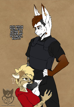 anthro anthro_on_anthro anthro_penetrated anthro_penetrating anthro_penetrating_anthro balls black_hair black_penis blonde_hair blue_eyes blush bodily_fluids bottomwear breasts brown_body brown_ears brown_fur brown_hair bulletproof_vest clothed clothing cybernetic_arm cybernetic_limb dialogue dipstick_ears dipstick_fingers duo ear_markings ear_piercing ear_ring female female_penetrated fur genitals hair heterochromia interspecies looking_down looking_pleasured looking_up male male/female male_penetrating male_penetrating_female markings multicolored_body multicolored_ears multicolored_fur multicolored_hair narrowed_eyes open_bottomwear open_clothing open_pants oral oral_penetration pants penetration penile penile_penetration penis penis_in_mouth piercing ring_piercing saliva saliva_on_penis sex shaved_sides spots spotted_body spotted_fur tan_body tan_fur teeth text two_tone_body two_tone_fur two_tone_hair vein veiny_penis white_body white_fur sevsartcave damian_(giantburger) canid canine canis coyote felid hybrid lagomorph leopard leporid mammal pantherine rabbit 2023 absurd_res english_text flat_colors hi_res signature sketch