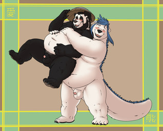 anthro arms_around_partner beard blush carrying_another carrying_partner clothing duo eyes_closed facial_hair flaccid foreskin genitals hair hand_on_belly hat headgear headwear humanoid_genitalia humanoid_penis lifting_partner male male/male open_mouth open_smile overweight overweight_anthro overweight_male penis ponytail smile spread_legs spreading standing tail kronexfire blizzard_entertainment mythology warcraft chen_stormstout krone_(kronexfire) bear dragon hybrid mammal mythological_creature mythological_scalie pandaren scalie 2015