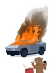ambiguous_gender anthro arson burning car electronics fangs fire gesture gold_ear_piercing gold_nose_ring hand_gesture holding_object holding_phone implied_arson oil_can phone simple_background smile smoke solo teeth v_sign vehicle wheel white_background oystr cybertruck otter_(oystr) asian_small-clawed_otter mammal mustelid otter digital_media_(artwork) digital_painting_(artwork) hi_res painting_(artwork)