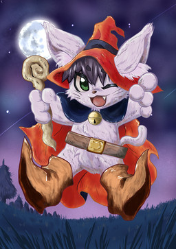 ambiguous_gender anthro boots cape clothing footwear full_moon hat headgear headwear kemono looking_at_viewer moon night open_mouth open_smile outside shoes smile solo star teeth young young_anthro piporinton domestic_cat felid feline felis mammal 2018