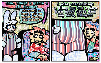 aloha_shirt anthro butt cheek_spots cheek_tuft clothing dialogue duo facial_tuft floppy_ears fur grin half-closed_eyes humor male narrowed_eyes overalls pattern_clothing pattern_shirt pattern_topwear rear_view shirt slightly_chubby slightly_chubby_anthro slightly_chubby_male smile smirk smug smug_face smug_grin speech_bubble teeth text tight_clothing toony tooth_gap topwear tuft white_body white_fur wide_eyed yellow_body yellow_fur rawdawgcomics bingus_(rawdawgcomics) stahli_(rawdawgcomics) bird_dog canid canine canis domestic_dog golden_retriever hunting_dog lagomorph leporid mammal rabbit retriever comic english_text hi_res