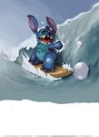 black_eyes blue_body blue_claws blue_fur blue_nose claws finger_claws fur hand_in_water no_sclera notched_ear open_mouth open_smile outside sharp_teeth small_tail smile solo surfboard surfing tail teeth toe_claws wave goma_shinobu disney lilo_and_stitch stitch_(lilo_and_stitch) alien experiment_(lilo_and_stitch) 2015 male_(lore)