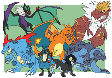 anthro black_body black_fur blue_body blue_fur claws female feral fur group hair male muscular open_mouth simple_background smile tail tongue wings amocin mythology nintendo pokemon canid canine carracosta charizard crocodilian dinosaur dragon felid feraligatr fossil_pokemon generation_1_pokemon generation_2_pokemon generation_4_pokemon generation_5_pokemon generation_6_pokemon lucario luxray mammal mythological_creature mythological_scalie noivern pokemon_(species) prehistoric_species reptile scalie tyrantrum 2016 digital_media_(artwork)