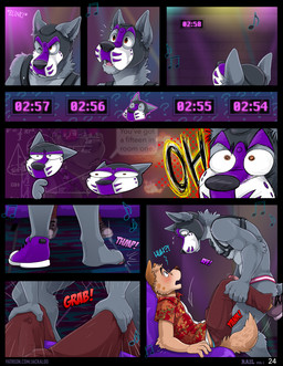 4_toes 5_fingers abs animal_mask anthro anthro_on_anthro black_clothing black_harness black_jockstrap black_underwear blush bone_print bone_print_underwear bottomwear brown_bottomwear brown_clothing brown_nose brown_pants bulge checking_time clothed clothed_anthro clothed_male clothing dialogue duo erection erection_under_clothing eyewear feet fingers floral_shirt footwear fully_clothed fully_clothed_anthro fully_clothed_male fur genitals glasses grey_body grey_fur grey_pubes harness hindpaw humanoid_genitalia humanoid_hands humanoid_penis jockstrap looking_at_another male male/male male_anthro mask muscular muscular_anthro muscular_male nightclub panicking pants paws penis precum_through_pants print_clothing print_jockstrap print_underwear pubes pup_mask purple_clothing purple_footwear purple_pup_mask purple_shoes red_clothing red_shirt red_topwear shirt shoes standing tail tan_body tan_fur text text_on_jockstrap timer toes tongue tongue_out topless topless_anthro topless_male topwear tuxedo_underwear underwear wearing_glasses jackaloo andrew_oleander cooper_estevez bird_dog canid canine canis domestic_dog hunting_dog labrador mammal retriever wolf 2026 comic english_text hi_res