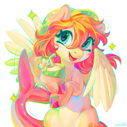 beverage feathered_wings feathers female female_feral feral front_view fur glistening glistening_eyes green_eyes hair holding_beverage holding_object open_mouth open_smile orange_hair simple_background sitting smile solo white_background wings yellow_body yellow_fur yellow_wings lostgoose hasbro my_little_pony mythology equid equine mammal mythological_creature mythological_equine pegasus 1:1 2025 colorful_theme dated hi_res signature