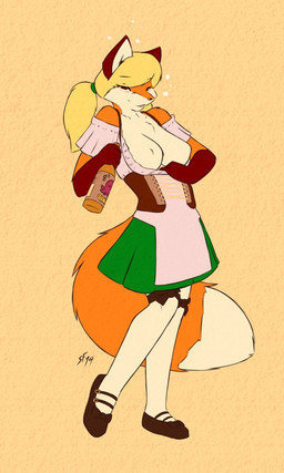 alcohol anthro barmaid beer beverage big_breasts black_nose blonde_hair breasts brown_eyes chest_tuft clothing clothing_pull corset dress drunk female flashing fluffy fluffy_tail food fur hair legwear lingerie looking_at_viewer orange_body orange_fur pigtails shirt shirt_pull simple_background smile solo stockings substance_intoxication tail topwear topwear_pull tuft starfighter canid canine fox mammal 2014 3:5