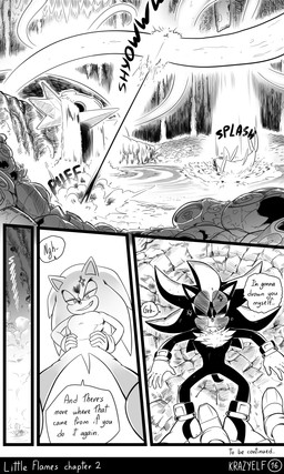 angry annoyed anthro cave cavern clothing cracked_ground crater dialogue drop_kick dropkick duo dust_cloud face_stomp face_stomping footprint footwear gloves handwear male quills_(anatomy) shoe_print shoes speech_bubble stomping text water waterfall waterfalls krazyelf sega sonic_the_hedgehog_(series) shadow_the_hedgehog sonic_the_hedgehog eulipotyphlan fish hedgehog mammal marine absurd_res black_and_white comic english_text hi_res monochrome