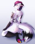 anthro arm_tattoo back_tattoo blue_highlights blush butt digitigrade feet femboy hair highlights_(coloring) male multicolored_pawpads pawpads pink_hair rear_view solo tattoo fineceru dusty_fox canid canine fox mammal absurd_res digital_media_(artwork) hi_res