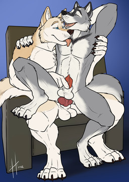anal anal_penetration animal_genitalia animal_penis anthro anthro_on_anthro anthro_penetrated anthro_penetrating anthro_penetrating_anthro arm_around_shoulders armchair athletic athletic_anthro athletic_male black_claws black_pawpads blue_eyes brown_claws brown_pawpads canine_genitalia canine_penis chair chest_lick claws duo erection eyes_closed finger_claws fingering front_view fur furniture genitals grey_body grey_fur knot male male/male male_anthro male_penetrated male_penetrating male_penetrating_male narrowed_eyes nude open_mouth open_smile pawpads penetration penile penile_penetration penis penis_in_ass penis_tip pink_tongue precum_on_own_penis red_penis sex sheath sheath_fingering sheath_play simple_background sitting smile spread_legs spreading tan_body tan_fur toe_claws tongue tongue_out white_body white_fur white_sheath hufnaar canid canine mammal 2022 absurd_res dated hi_res
