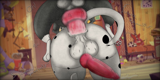 anal anal_penetration animal_genitalia animal_penis big_butt big_knot big_penis blue_eyes butt canine_genitalia canine_penis confusion dialogue duo ellipsis exclamation_point feral fur genitals grey_body grey_fur knot male male/male male_penetrated male_penetrating male_penetrating_male penetration penis profanity sex size_difference talking_to_another talking_to_partner text tilde_after_text toony udbebu 101_dalmatian_street 101_dalmatians disney dylan_(101_dalmatians) summer_(101_dalmatians) canid canine canis domestic_dog mammal absurd_res comic english_text hi_res