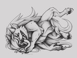 ambiguous_gender angry anthro claws fangs finger_claws hair hooves horn long_hair lying on_side smile solo spread_legs spreading teeth tongue tongue_out zegzagun big_mouth_(series) netflix connie_(big_mouth) bovid caprine hormone_monster mammal monster 4:3 hi_res monochrome sketch