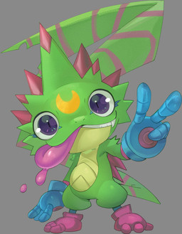 anthro clothing gesture gloves green_body hand_gesture handwear long_tongue male smile solo toe_boots tongue v_sign psibunny bandai_namco digimon digimon_beatbreak digimon_(species) gekkomon scalie absurd_res hi_res