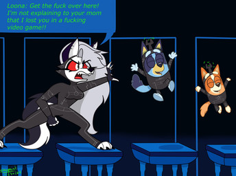 angry anthro black_clothing blue_body blue_fur bodysuit breasts clothed clothed_anthro clothed_female clothing dialogue digitigrade ear_piercing eyes_closed female fingerless_gloves fur gloves grey_hair group hair handwear happy jumping long_hair orange_body orange_fur piercing profanity red_sclera running skinsuit tail text tight_clothing trio white_body white_eyes white_fur young starpaintart bluey_(series) hellaverse helluva_boss mythology nickelodeon the_fairly_oddparents bingo_heeler bluey_heeler loona_(helluva_boss) australian_cattle_dog canid canid_demon canine canis cattledog demon domestic_dog hellhound herding_dog mammal mythological_canine mythological_creature pastoral_dog wolf 2024 absurd_res artist_name crossover dated english_text full-length_portrait hi_res portrait